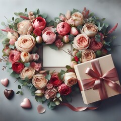 Valentine's card with flowers surrounding it in the shape of a heart