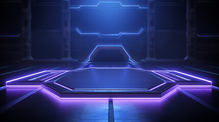 sci fi modern elegant futuristic cyber neon led studio. big panel lights blue purple on concrete stage