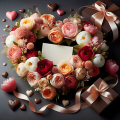 Valentine's card with flowers surrounding it in the shape of a heart