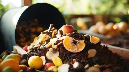 Closeup of a variety of fruit and vegetable peels, eggshells, and coffee grounds in a compost...