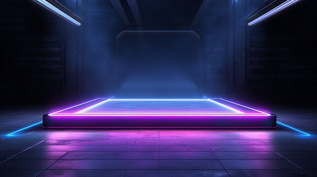 sci fi modern elegant futuristic cyber neon led studio. big panel lights blue purple glowing lights © Aura