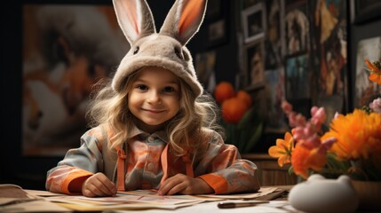 little girl sitting at the table dressed up like an easter bunny. - obrazy, fototapety, plakaty