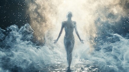 Mystical Figure Emerging from Water Surrounded by Mist and Golden Light