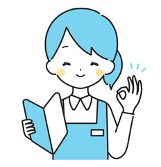 水色｜初心者マークを持つ女性店員｜OKサイン