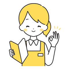 黄色｜初心者マークを持つ女性店員｜OKサイン