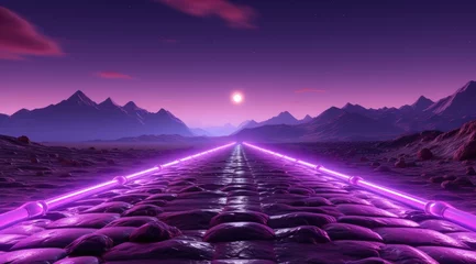 Fotobehang Futuristic purple neon light landscape background mixed with retro in classic colors. © Wayu