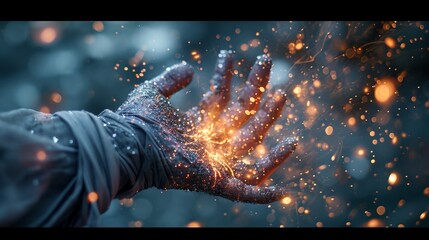 Enchanting Magic: Hands Adorned with Sparkling Particles Creating Dynamic Light Trails in Dark Illuminated Atmosphere