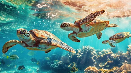Obraz na płótnie Canvas Sea Turtles Underwater Swimming