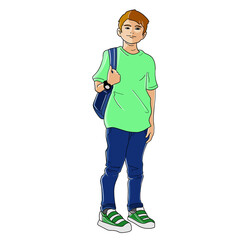 A cheerful cartoon boy stands confidently with a backpack slung over his shoulder. With a bright smile and eyes full of curiosity, he's ready for adventures and discoveries ahead.