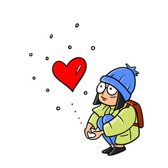 A bundled-up child, adorned in a cozy sweater, joyfully forms a love sign amid falling snowflakes. Gazing upwards, their innocent eyes capture the magic of winter's enchantment.