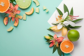 Vibrant fruit feast concept. Top view flat lay of alstroemeria flowers with juicy orange,...