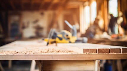 Closeup of a carpenters workbench with various tools neatly arranged and sawdust tered across the surface.