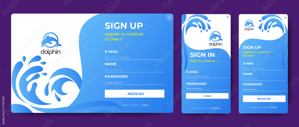 Poster set of sign up and sign in forms. blue gradient. mobile registration and login forms page. professio