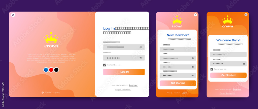 Poster login and registration form templates with orange color design. mobile sign up and sign in page. pro