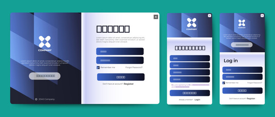 Set of Sign Up and Sign In forms. Blue gradient. Mobile Registration and login forms page. Professional web design, full set of elements. User-friendly design materials