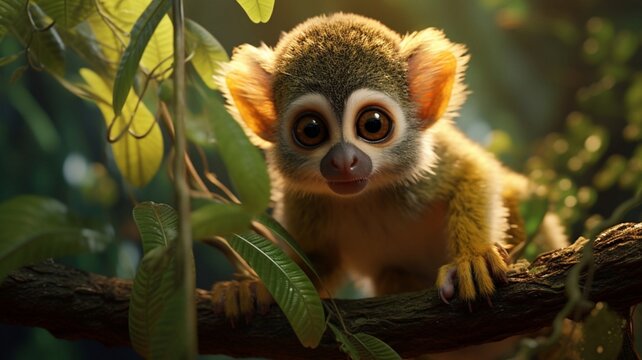 Curious Squirrel Monkey Gazing Out from Foliage in Tropical Forest - AI-Generative