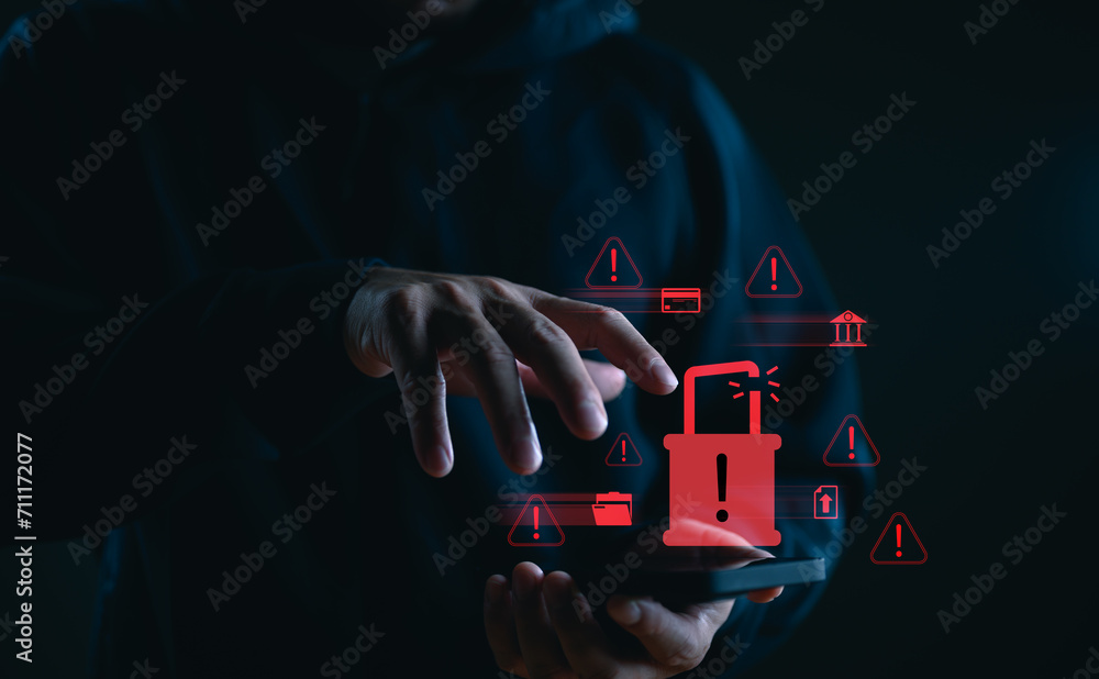 Aufkleber Cyberattack cybercrime hacker smartphone. Internet web hack technology. Digital mobile phone in Scammer hand. Data protection, secured internet access, cybersecurity banner, Stealing data information.