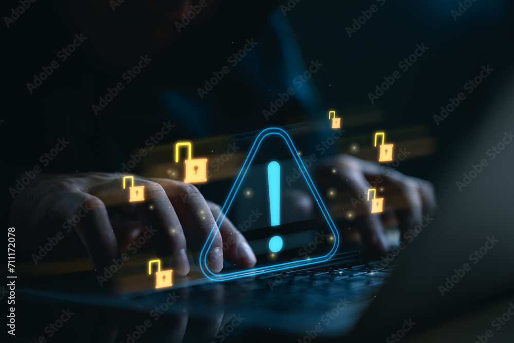 Poster Cybersecurity, Internet cyber crime, Hacker working on computer, Digital crime by an anonymous hacker, System hacked alert after cyberattack, Ransomware, Phishing, Spyware, Compromised information.