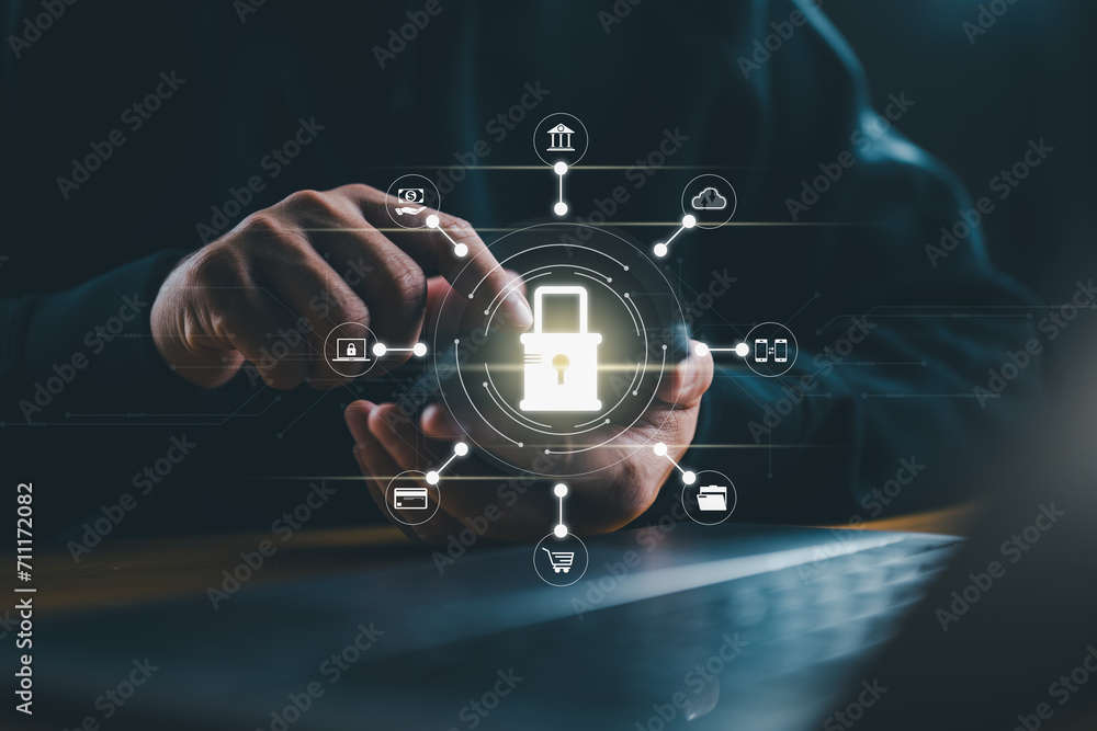 Poster Cybersecurity concept Global network security technology, business people protect personal information. Encryption with a key lock icon on the virtual interface. Data protection, internet network.