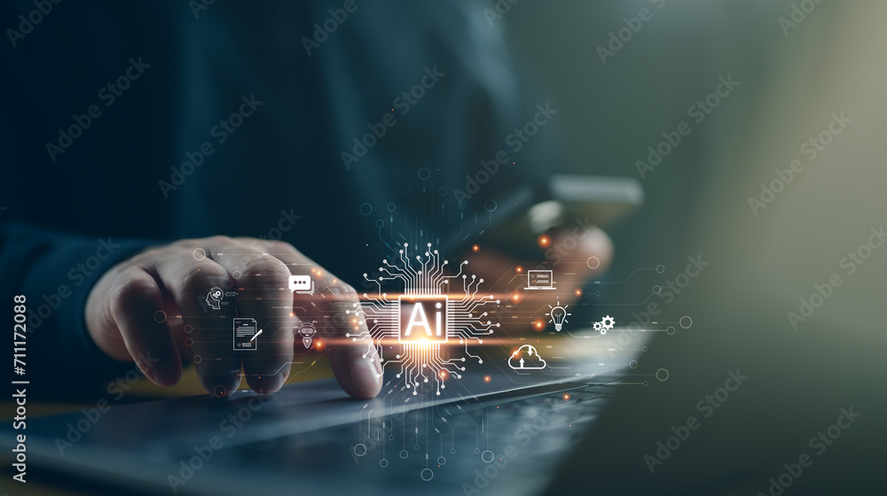 Aufkleber ai tech, businessman show virtual graphic global internet connect robot chat with ai, artificial int