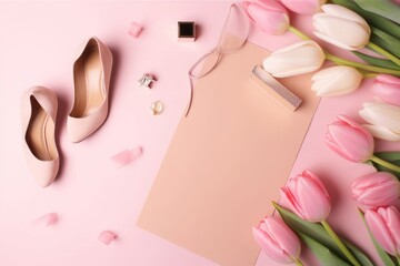 Women's Day concept. Top view photo of giftbox tulips beige high heel shoes envelope letter necklace cosmetics brushes and perfume on isolated pastel pink background with empty space, Generative AI