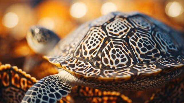 Zoomedin shot of a rescued turtles shell, showcasing the intricate and unique patterns of these creatures and the need to protect their natural habitats.