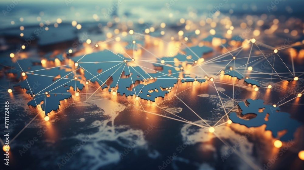 Poster closeup of a map with dotted lines connecting different continents, representing collaborative inter