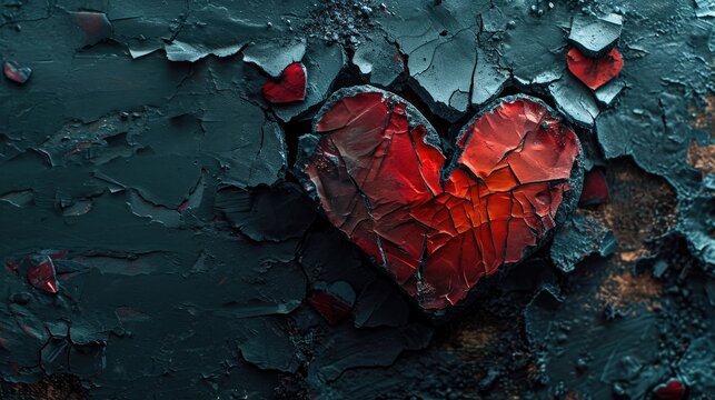 Broken hearts, sadness, on darkness dark background, Red broken heart on abstract dark cement background.