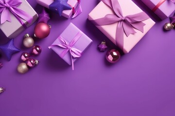 Christmas Day concept. Top view photo of lilac gift boxes with ribbon bows pink and purple baubles on isolated violet background with copyspace, Generative AI 