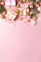 Christmas mood concept. Top vertical view photo of present boxes with bows pine branch in snow gold pink white baubles snowflake ornaments and confetti on isolated pastel pink back, Generative AI