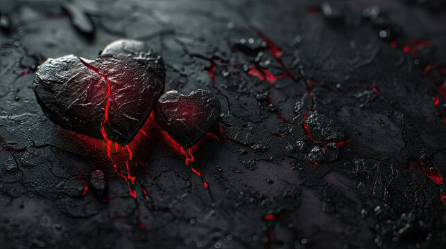 Broken hearts, sadness, on darkness dark background, Red broken heart on abstract dark cement background.
