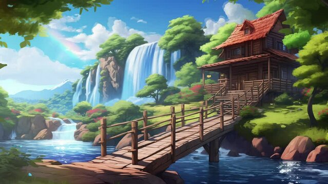Animated illustration of a traditional house in the middle of the forest, with a pleasant waterfall and river in the background. Animated background.
