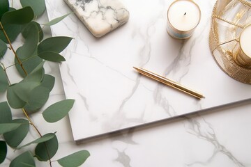Top view photo of candles on rattan serving mat gold pen binder clips and vase with eucalyptus on white marble background with copyspace, Generative AI 