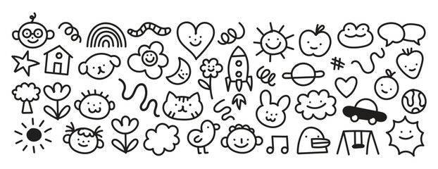 Set of funny line doodle decoration on isolated background. Simple kid art bundle includes child character, animal and nature symbol.