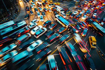 Blurred Traffic Jam, A Lot Of Cars Are Stuck In Traffic: AI Generated Image - obrazy, fototapety, plakaty