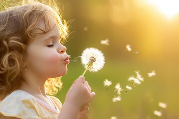 child blowing dandelion, joy, spring day, smartphone, portrait lens, afternoon, soft focus, 