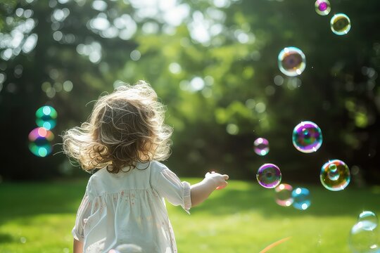 child chasing bubbles in a park, playful, summer joy, 