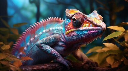 Colorful Chameleon Perched on Vibrant Tropical Foliage - AI-Generative - obrazy, fototapety, plakaty