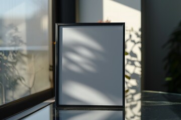 A sleek black frame mock-up featured up close on a reflective glass surface, creating a contemporary and chic setting, sunlight glints off the glass, enhancing the modern aesthetic...