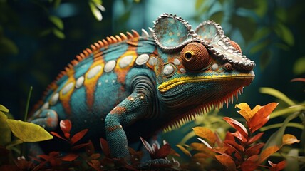 Fototapeta premium Colorful Chameleon Perched on Vibrant Tropical Foliage - AI-Generative