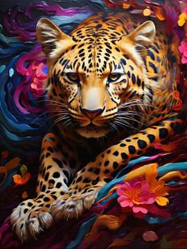 Beautiful leopard on abstract background. Fantasy art. Digital painting. Created using generative AI tools