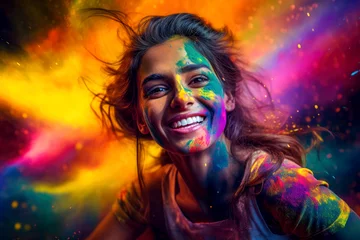 Fotobehang Holi festival, portrait of a young woman in colorful powder explosion. Generative AI. © Phichitpon