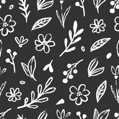 Abstract flower doodle brush seamless pattern. Sketch hand drawn spring floral plant, nature graphic leaf, scribble grunge brush texture black and white ink seamless pattern. Vector illustration