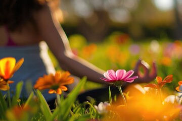 yoga flexibility close-up, spring flowers