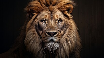 Naklejka premium Intense Gaze: Majestic Lion Basking in a Jungle During Day Time - AI-Generative