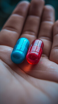 A blue and a red capsule pill on the palm of a hand