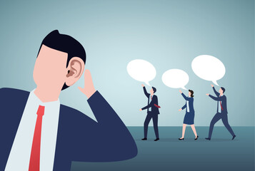 Good listener boss, listen and accept all opinion, suggestion or customer feedback concept, smart businessman trying hard to listen to all colleagues advice.