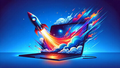 Business Startup technology concept. Horizontal background. Flat style vector illustration. Launching Space Rocket From Laptop Screen. idea, success, innovation, abstract. Generative AI