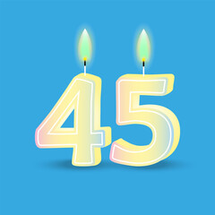Birthday number forty five, candle with fire. 3D number 45. Vector illustration. EPS 10.