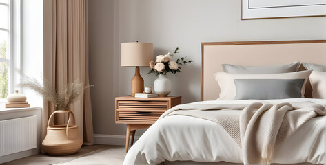 Fototapeta na wymiar Wooden bedside drawer nightstand near bed. interior design of modern bedroom.